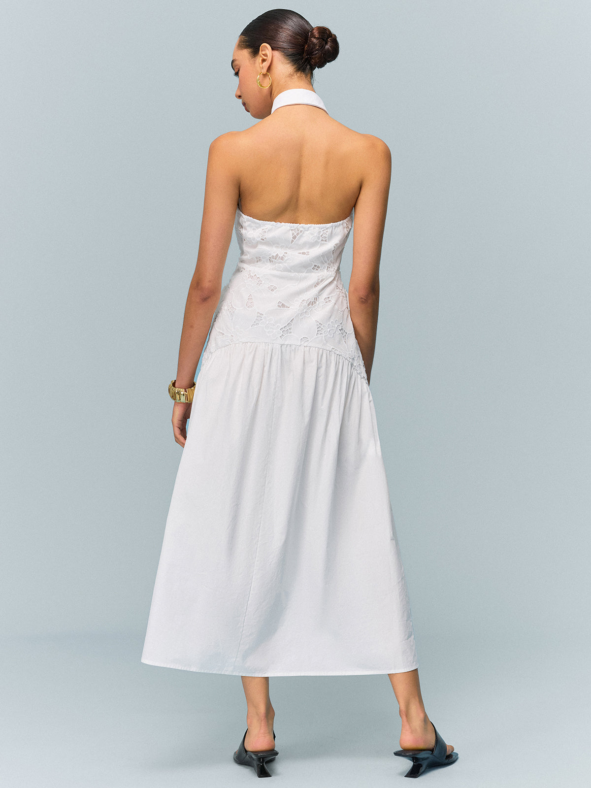 Pocketed Halter Neck Embroidered Dress with Non-Belted-Chicvia
