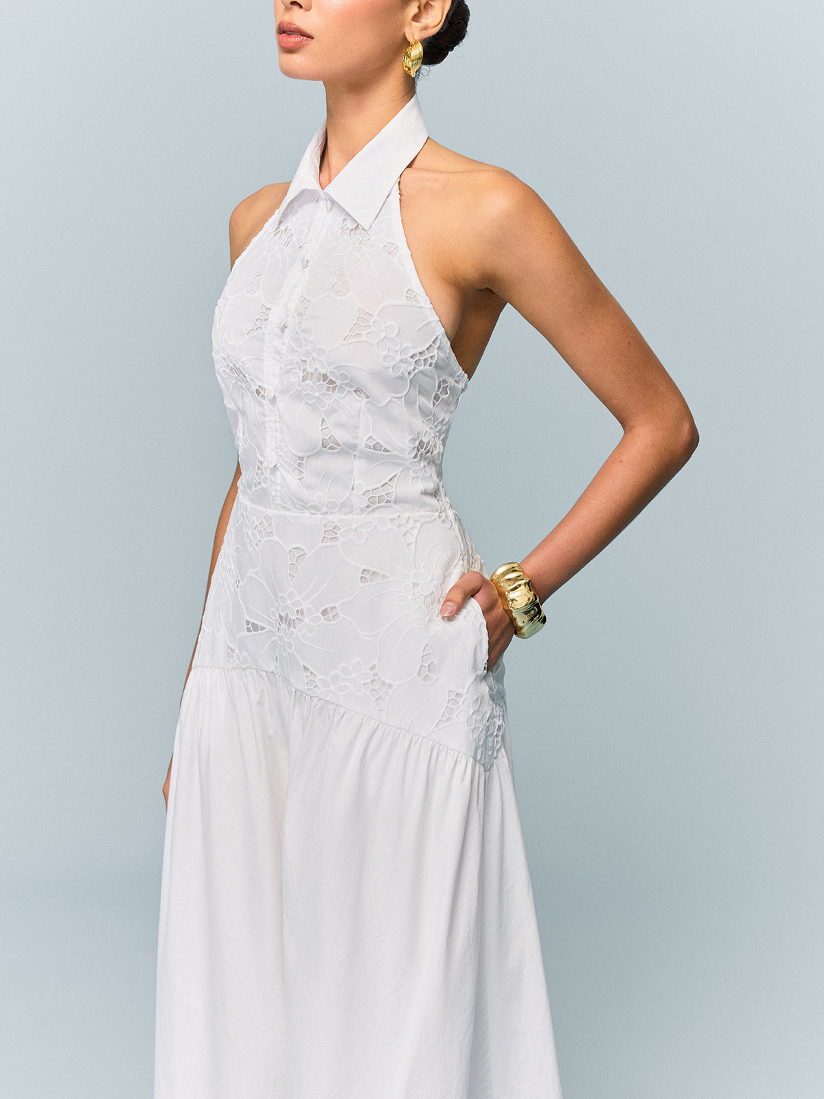 Pocketed Halter Neck Embroidered Dress with Non-Belted-Chicvia