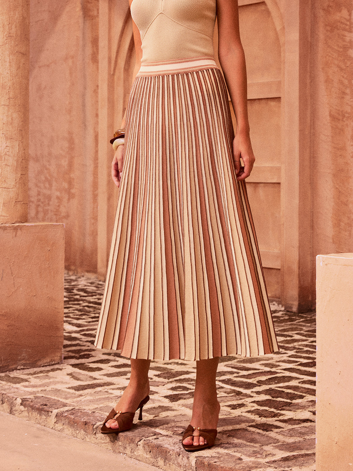 Color-Block Striped Pleated Midi Skirt-Chicvia