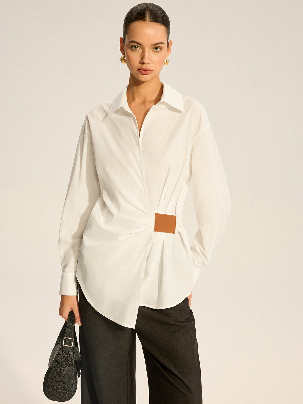Cotton Ruched Shirt with Faux Leather Detail-Chicvia