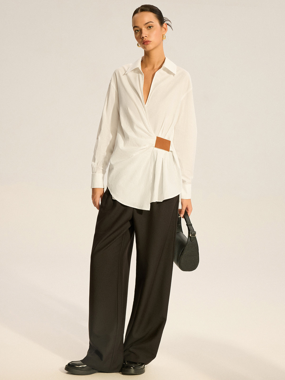 Cotton Ruched Shirt with Faux Leather Detail-Chicvia