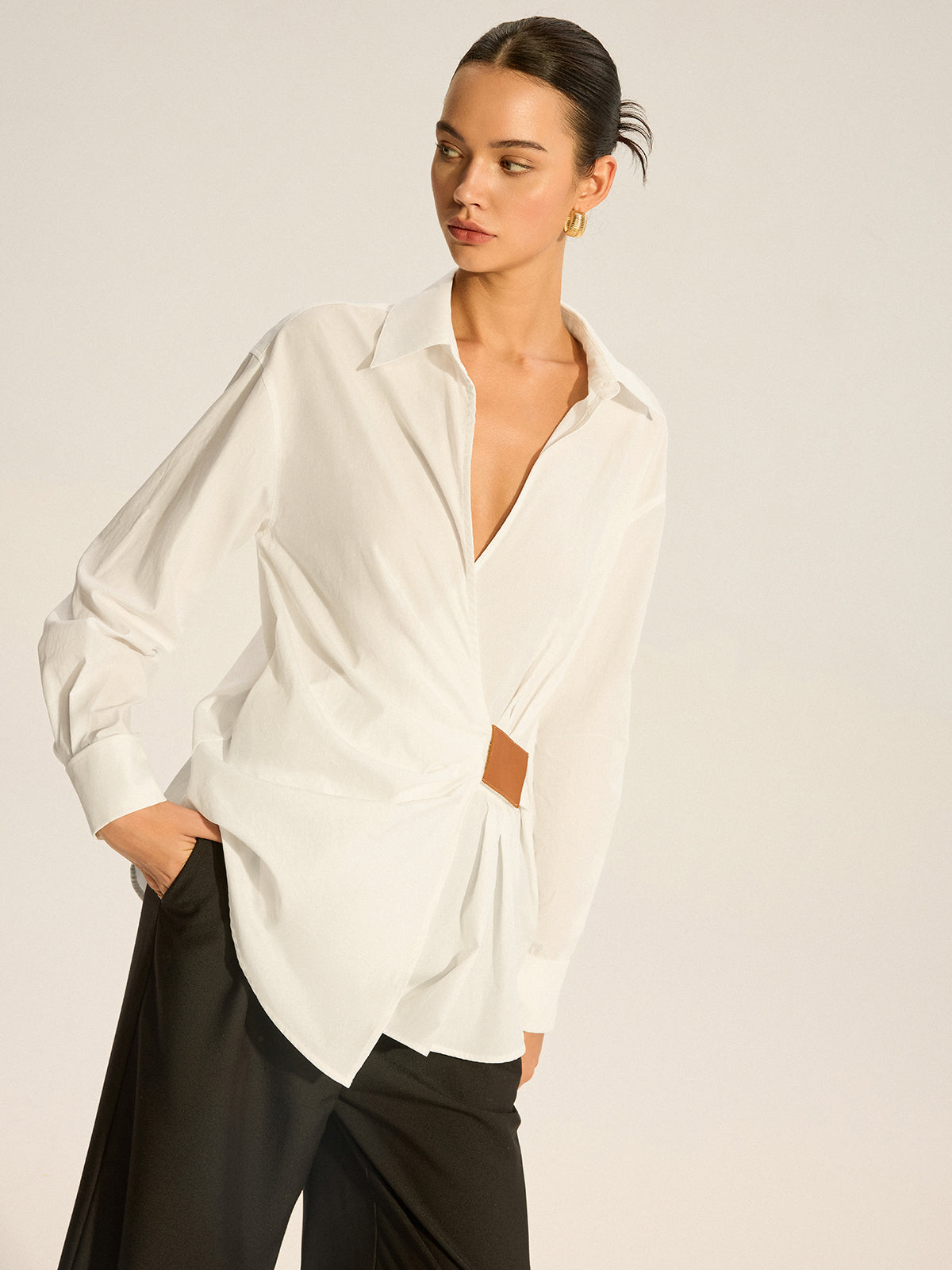 Cotton Ruched Shirt with Faux Leather Detail-Chicvia