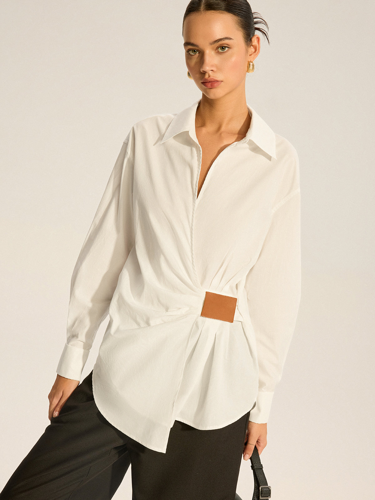 Cotton Ruched Shirt with Faux Leather Detail-Chicvia