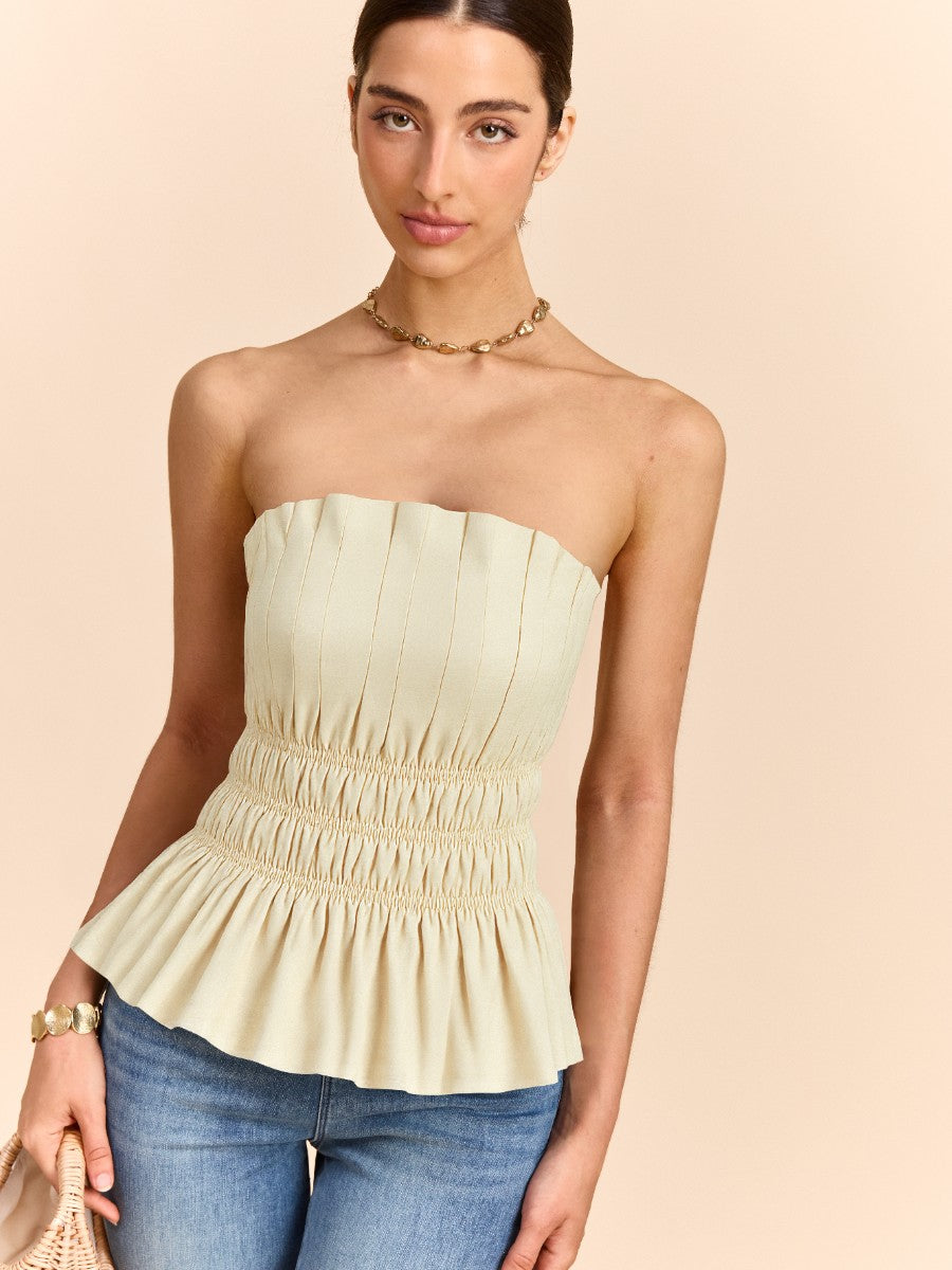 Cotton & Linen Strapless Smocked Peplum Top-Chicvia