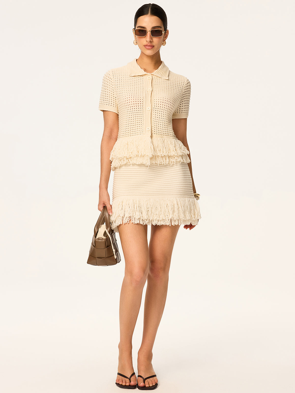 Fringed Knit Mini Skirt-Chicvia
