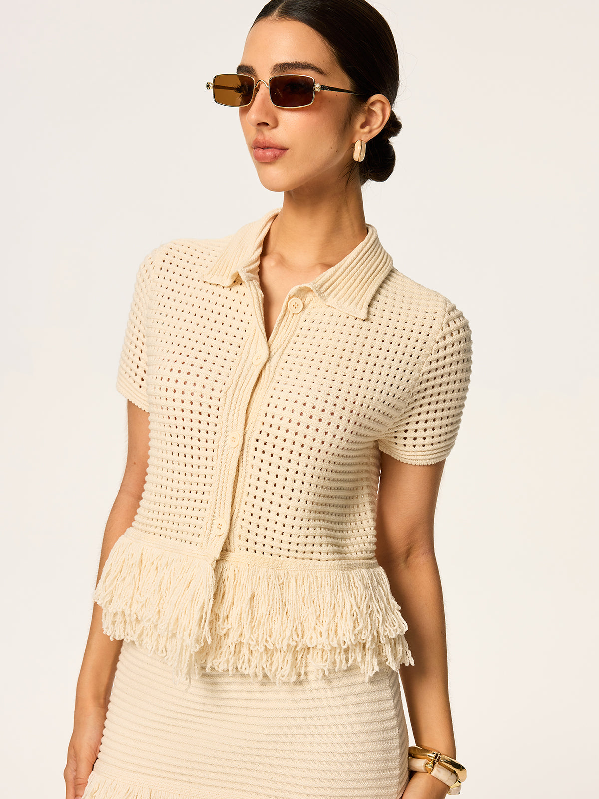 Fringed Mesh-Knit Polo Short Sleeve Top-Chicvia