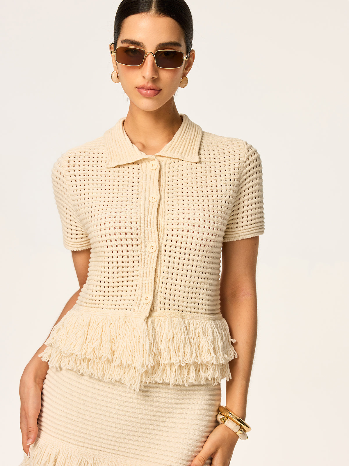 Fringed Mesh-Knit Polo Short Sleeve Top-Chicvia