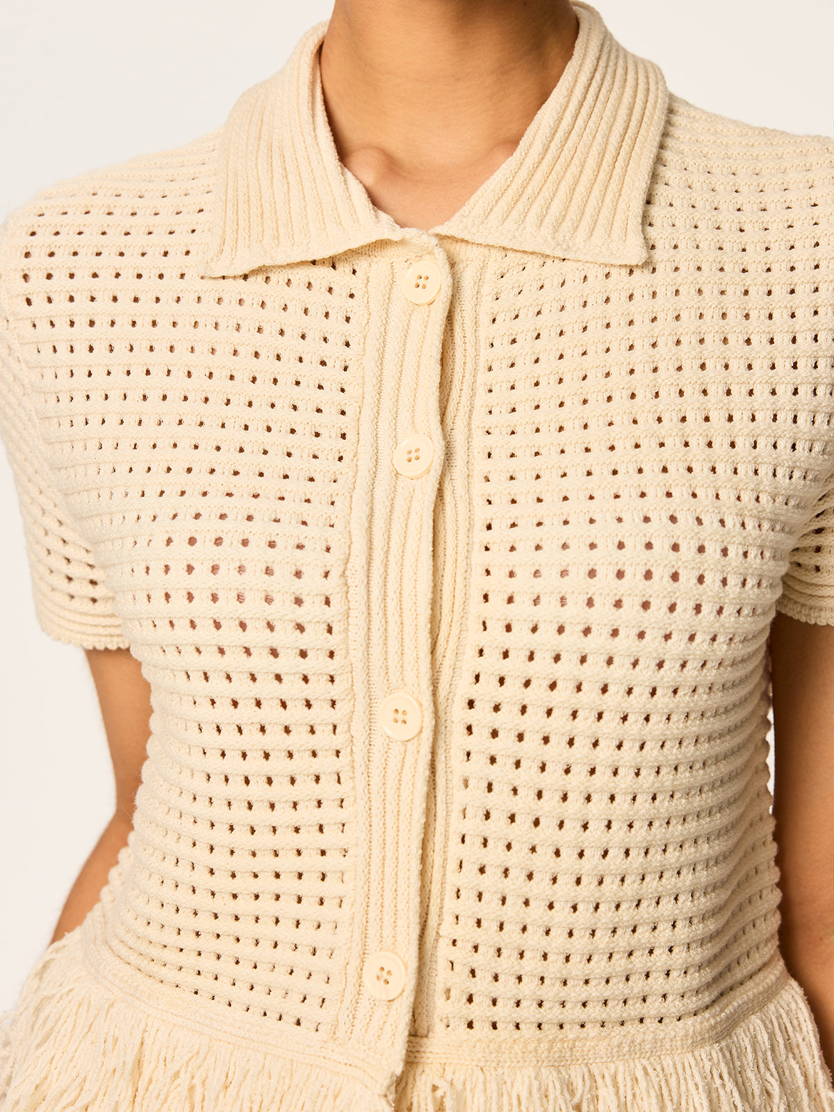 Fringed Mesh-Knit Polo Short Sleeve Top-Chicvia