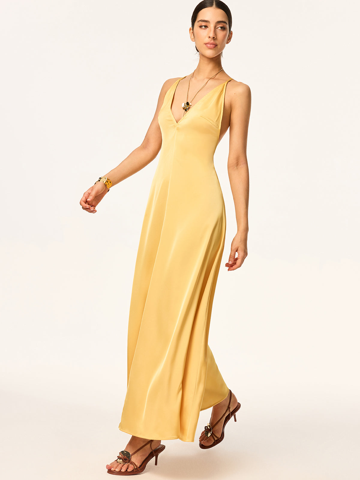 Crisscross Strap Backless Satin Maxi Dress-Chicvia