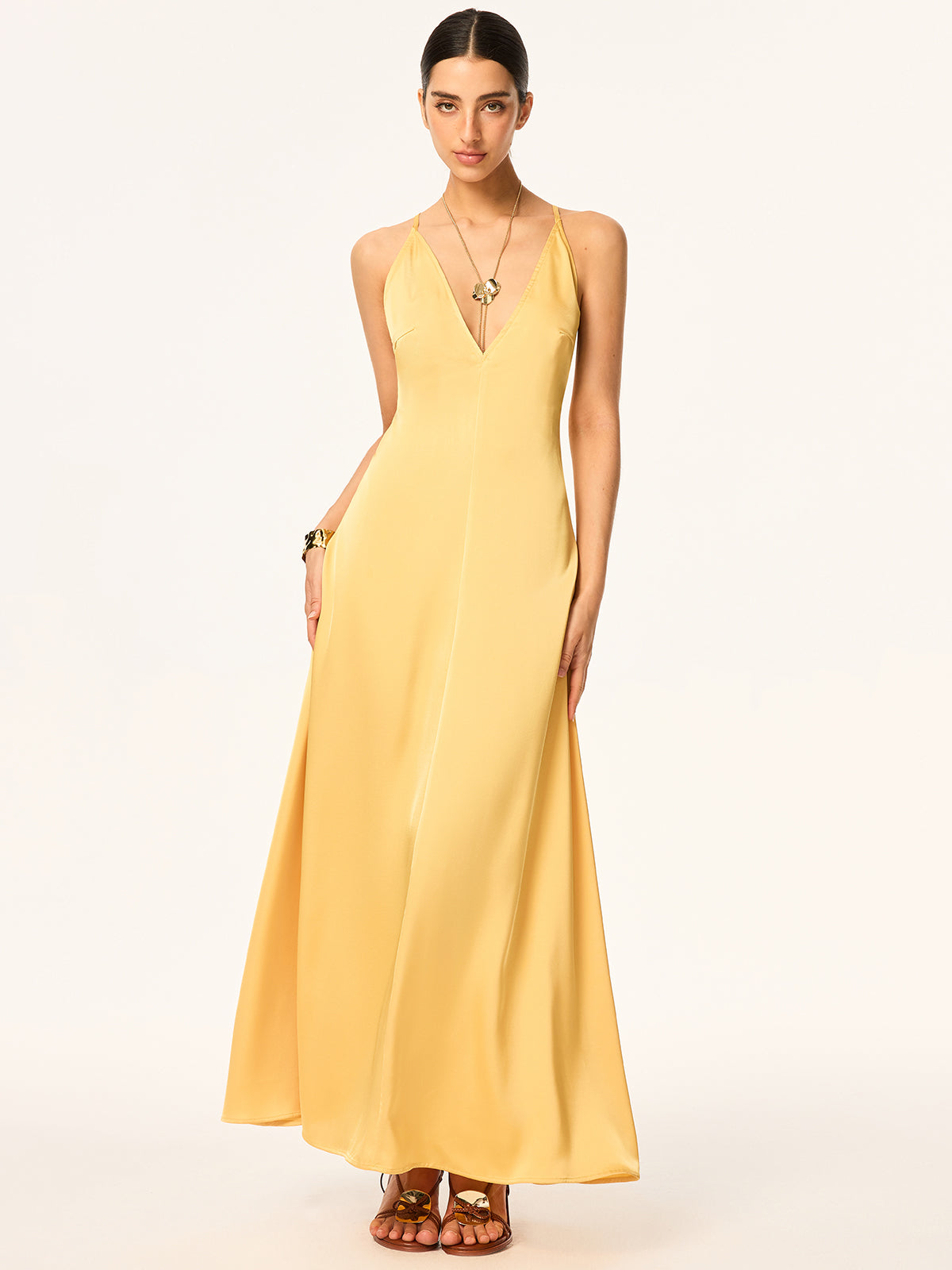 Crisscross Strap Backless Satin Maxi Dress-Chicvia