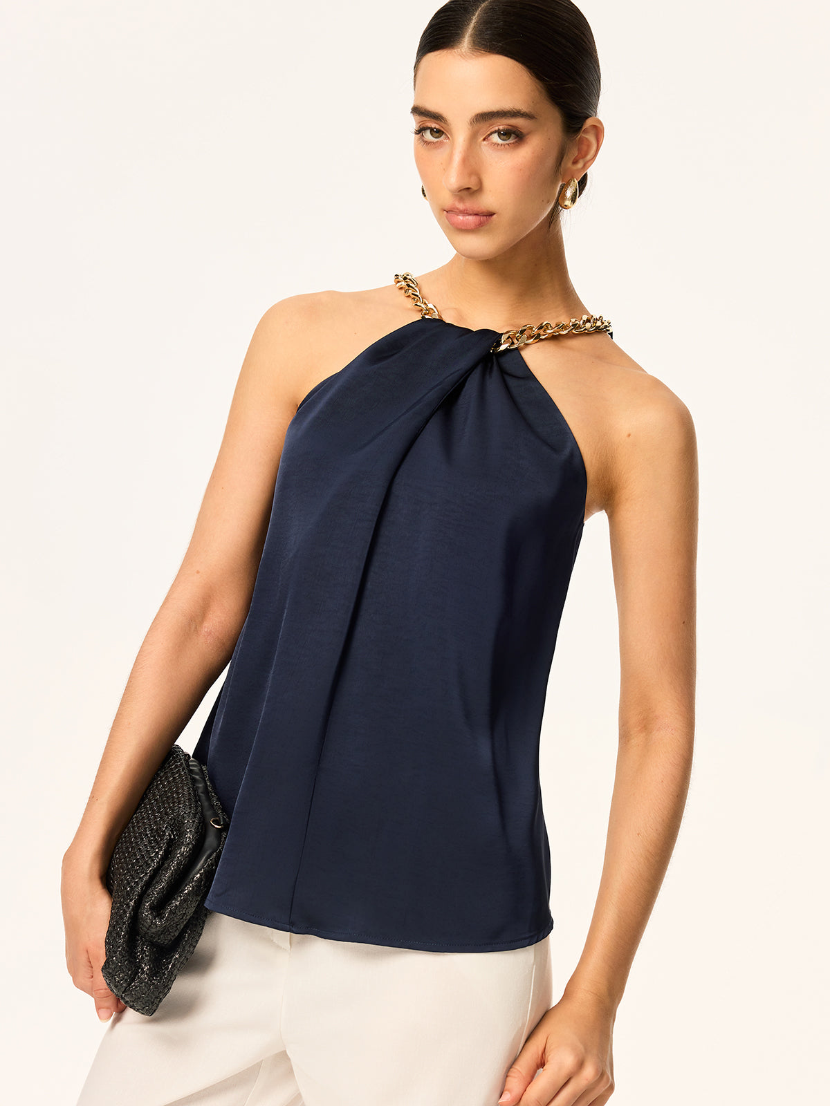 Metal Chain Neckline Halter Top-Chicvia