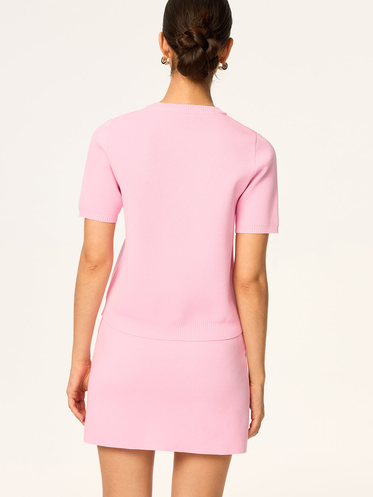 Knit Short-Sleeve Cardigan and Skirt Set-Chicvia