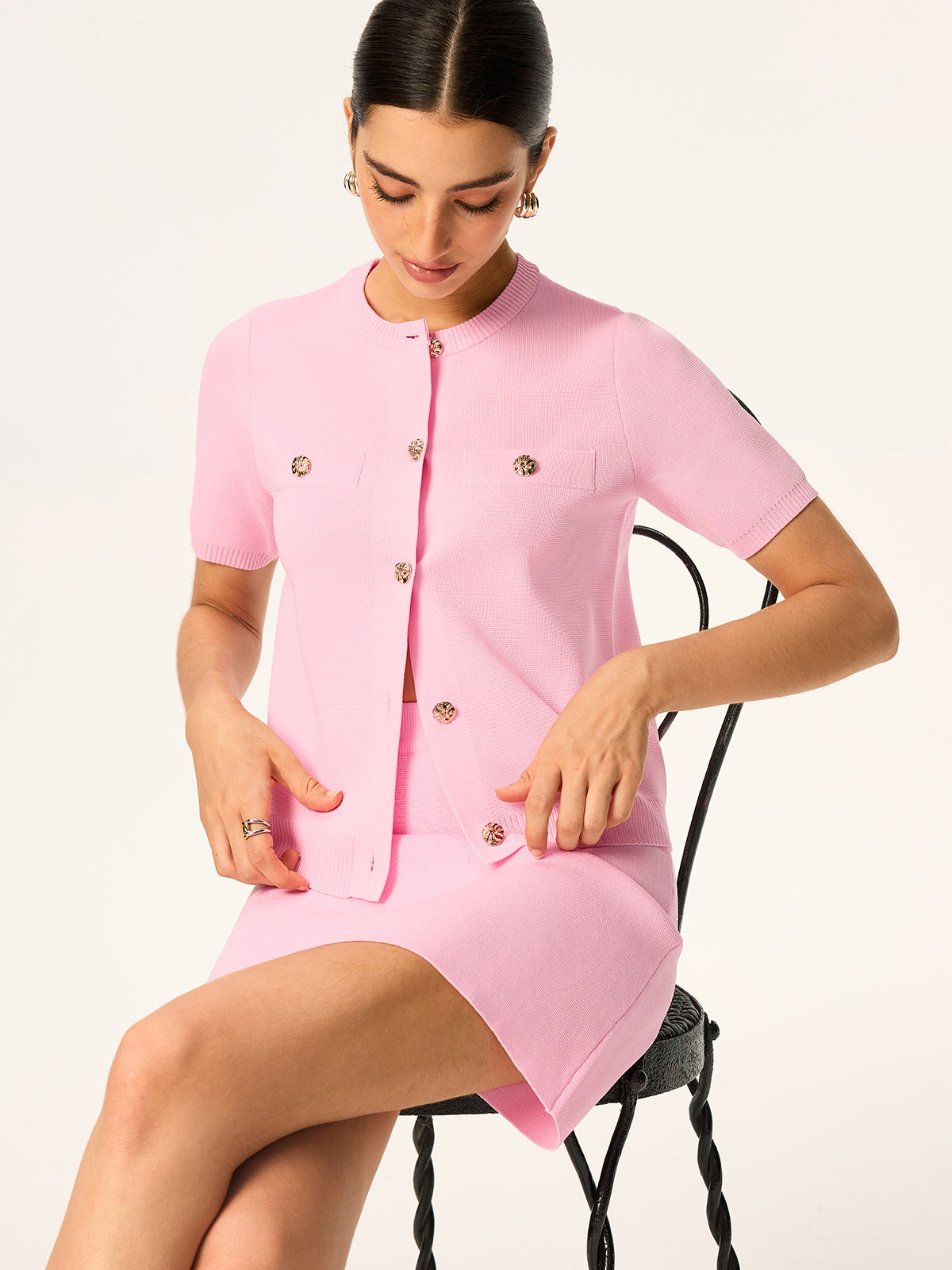 Knit Short-Sleeve Cardigan and Skirt Set-Chicvia