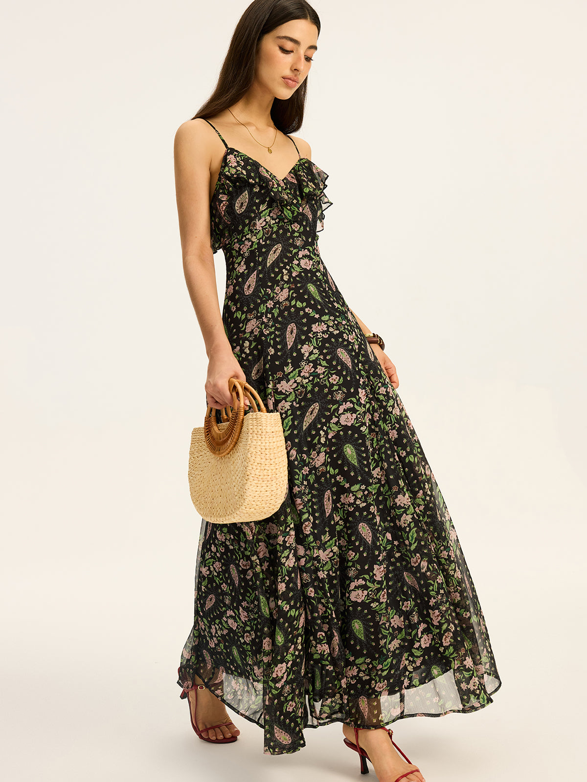 Floral Printed Chiffon Maxi Dress-Chicvia