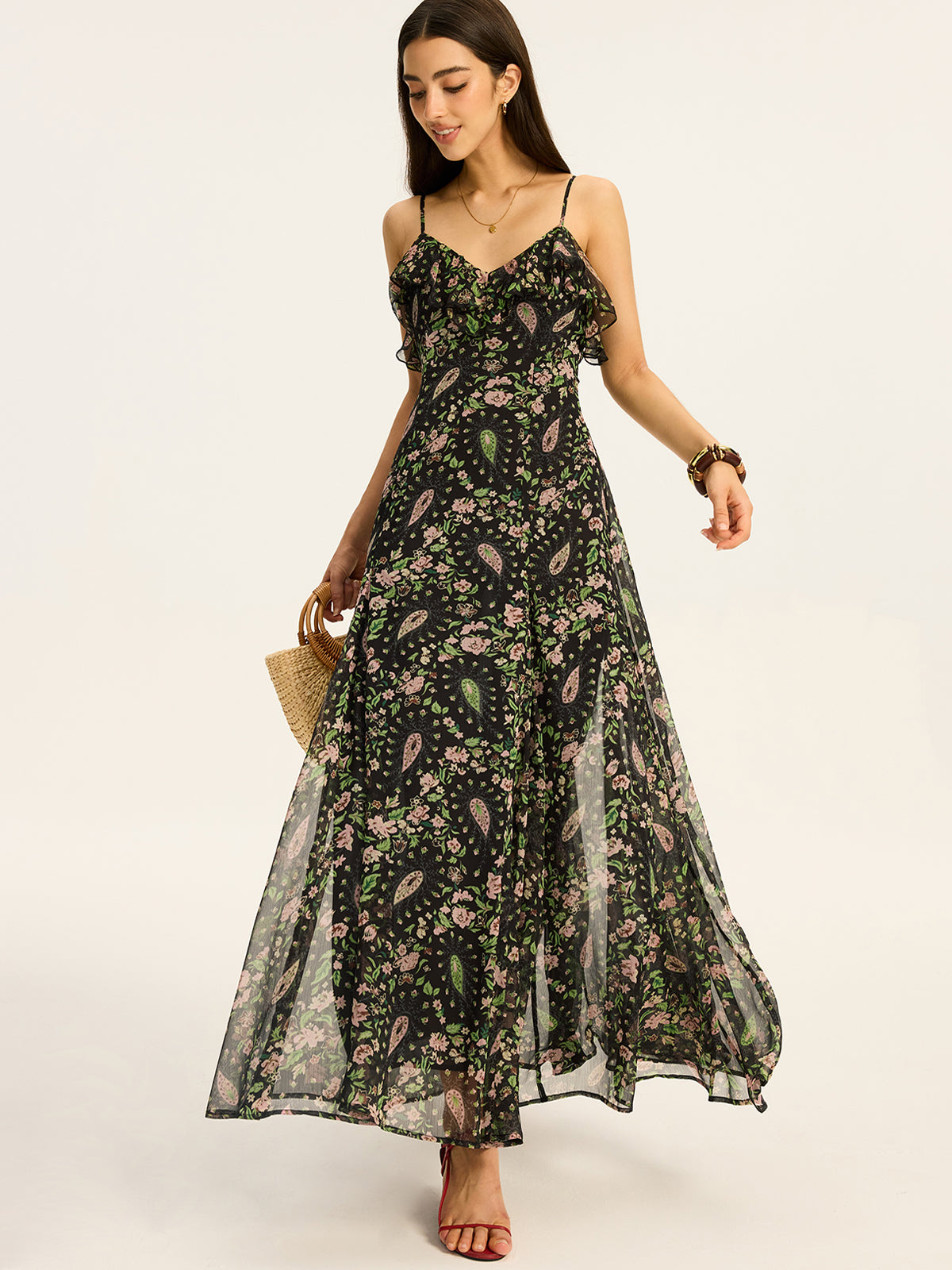 Floral Printed Chiffon Maxi Dress-Chicvia