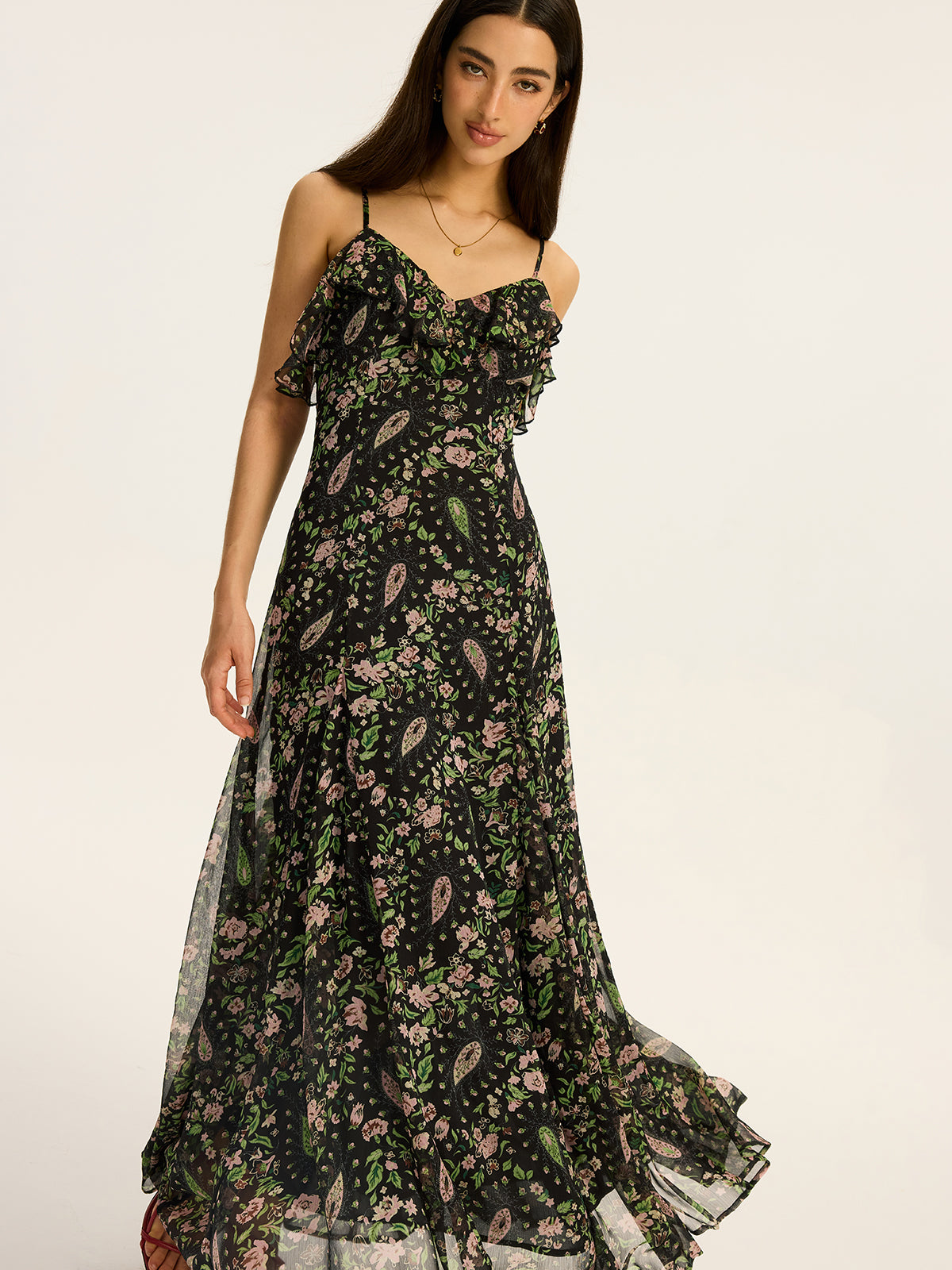 Floral Printed Chiffon Maxi Dress-Chicvia