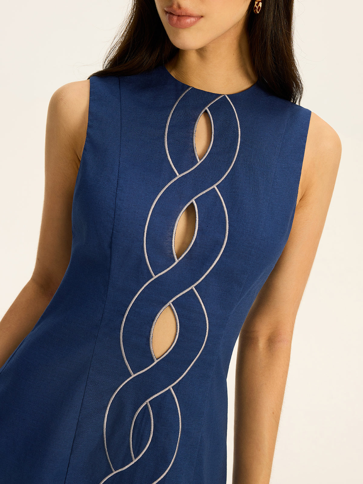 Linen & Cotton Cut-Out Contrast-Stitch Mini Dress-Chicvia