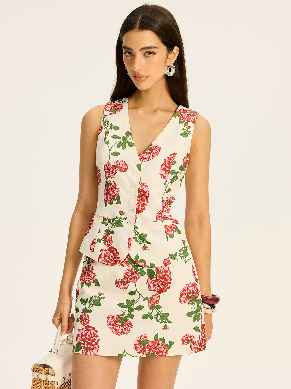 Floral Printed Vest and Skirt Set-Chicvia