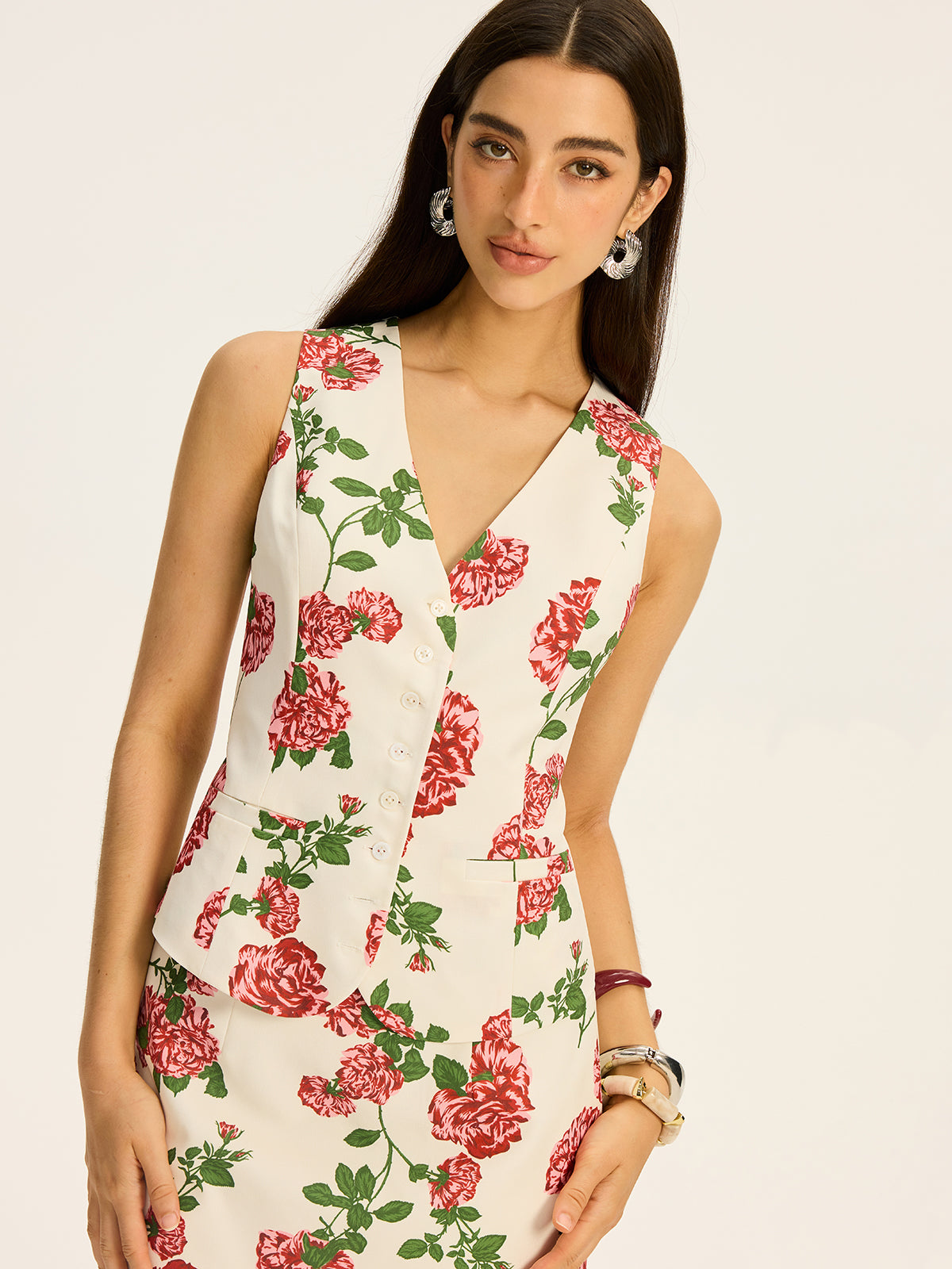 Floral Printed Vest and Skirt Set-Chicvia