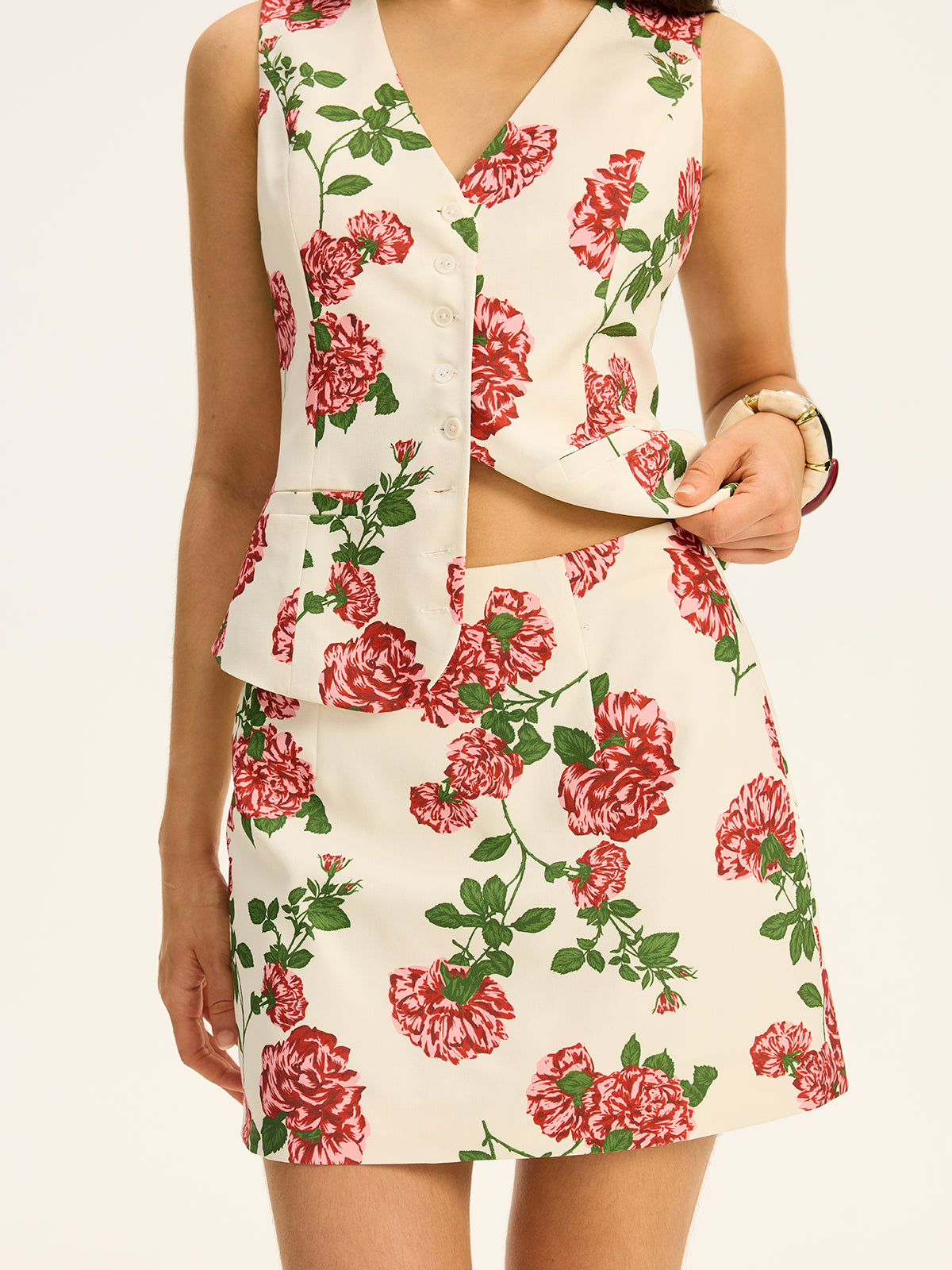 Floral Printed Vest and Skirt Set-Chicvia