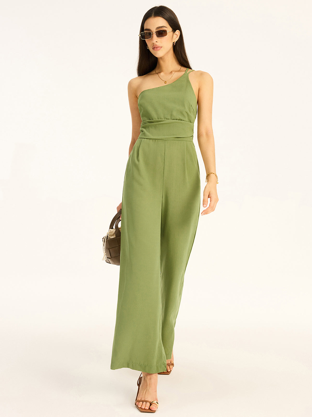 One-Shoulder Cotton Blend Jumpsuit-Chicvia