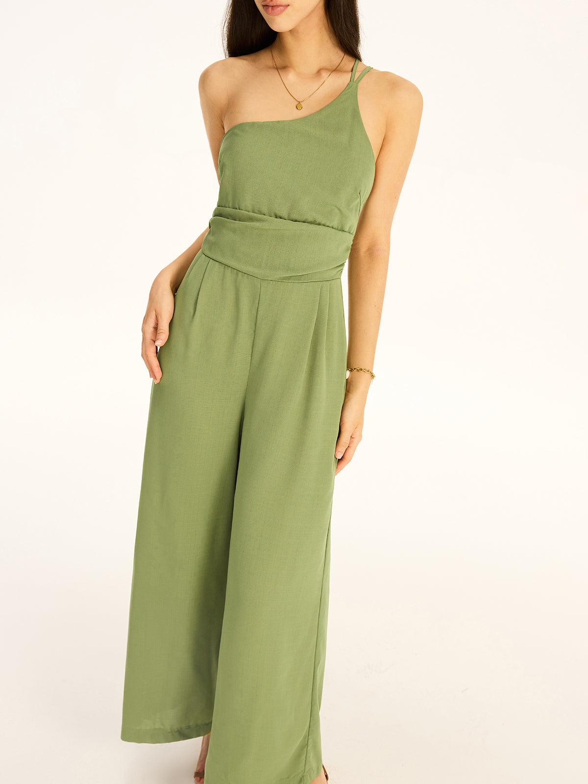 One-Shoulder Cotton Blend Jumpsuit-Chicvia