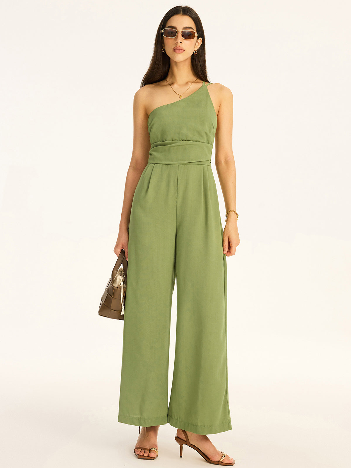 One-Shoulder Cotton Blend Jumpsuit-Chicvia
