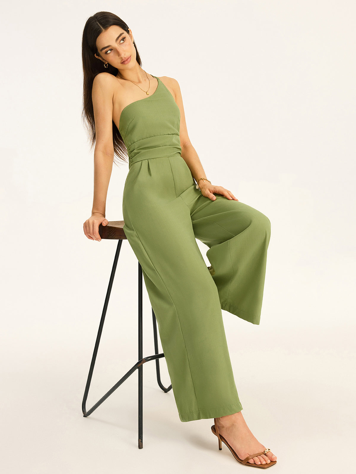 One-Shoulder Cotton Blend Jumpsuit-Chicvia