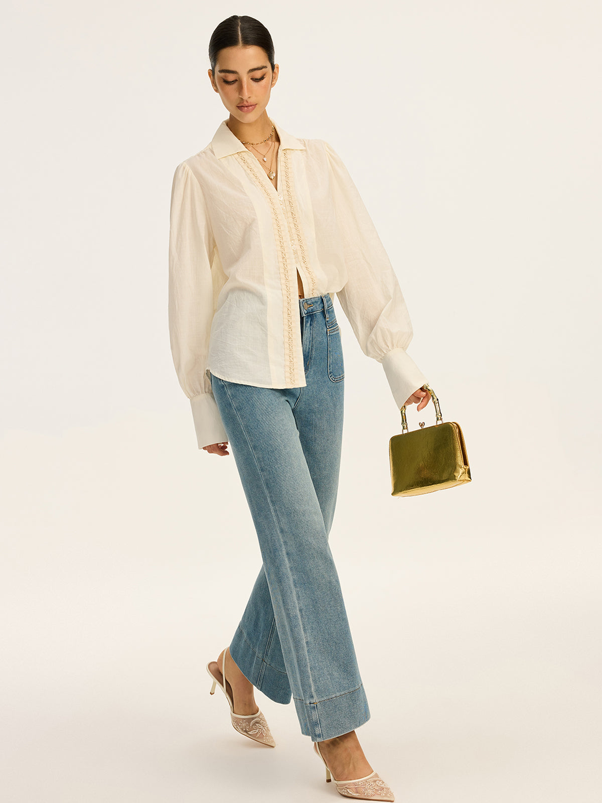 Lace-Trimmed Cotton Shirt-Chicvia