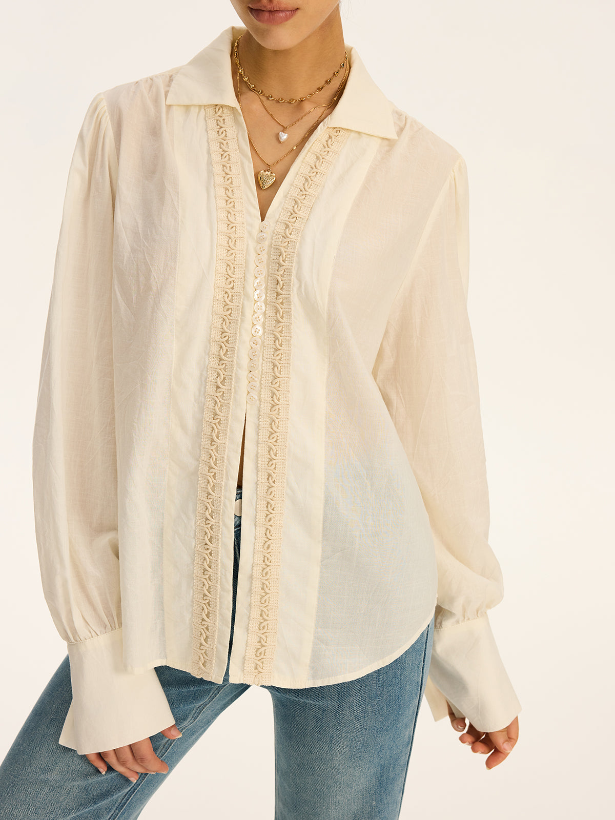 Lace-Trimmed Cotton Shirt-Chicvia