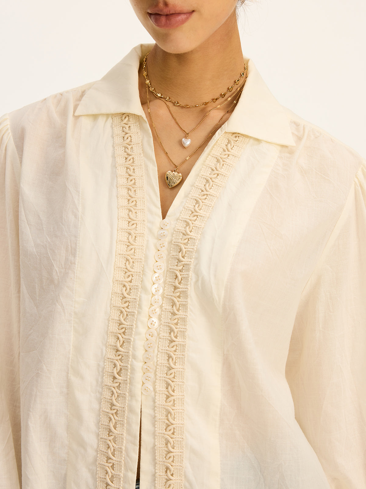 Lace-Trimmed Cotton Shirt-Chicvia