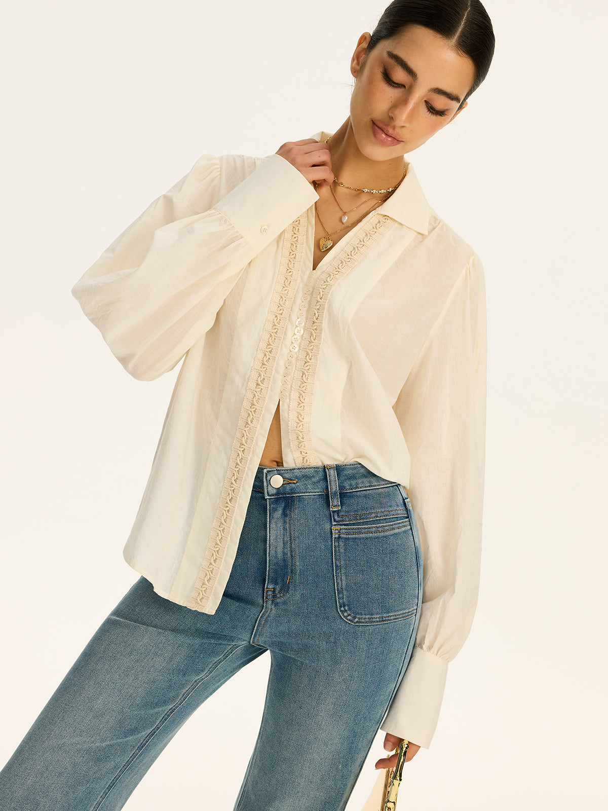 Lace-Trimmed Cotton Shirt-Chicvia