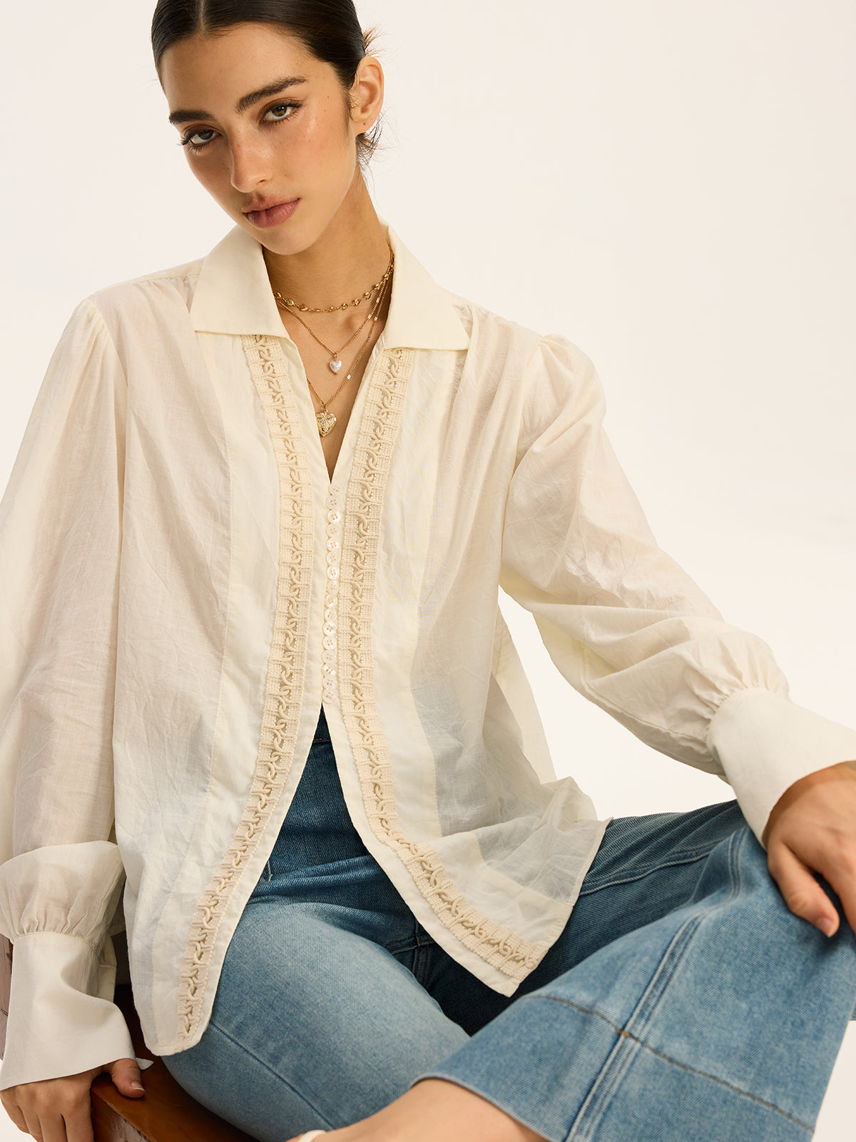 Lace-Trimmed Cotton Shirt-Chicvia
