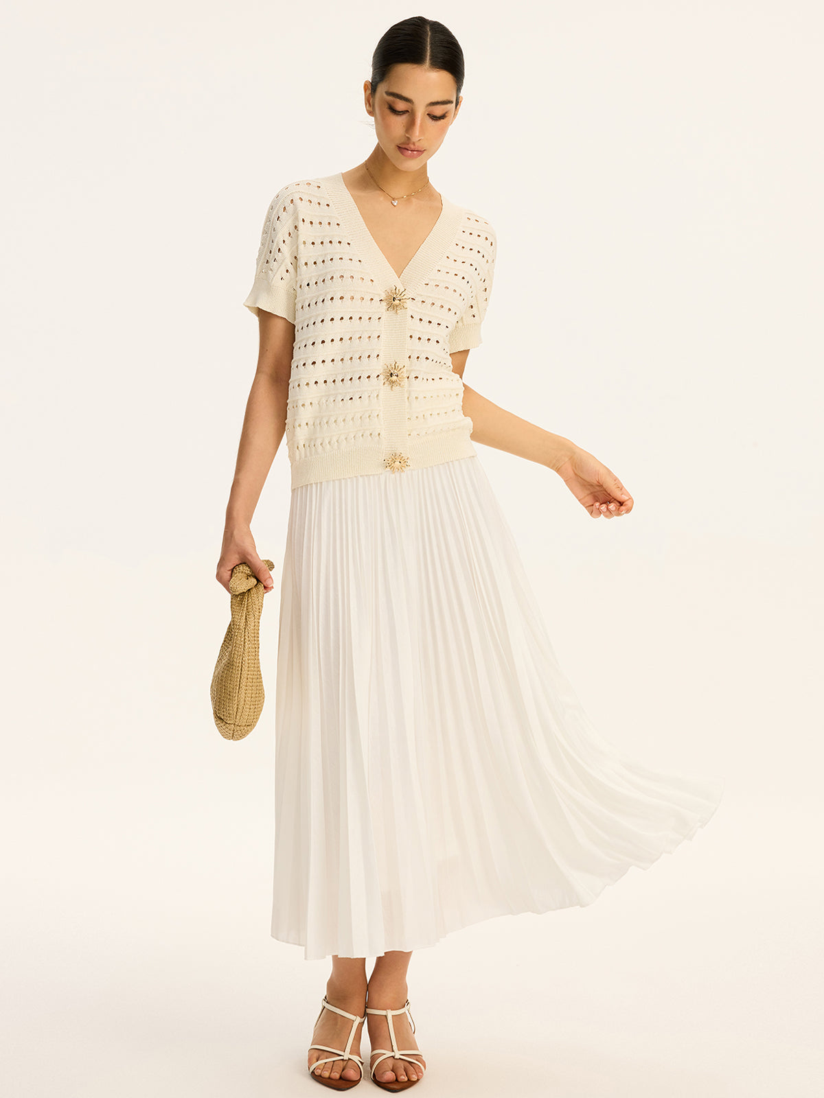 Eyelet Knit Metal Button V-Neck Cardigan-Chicvia