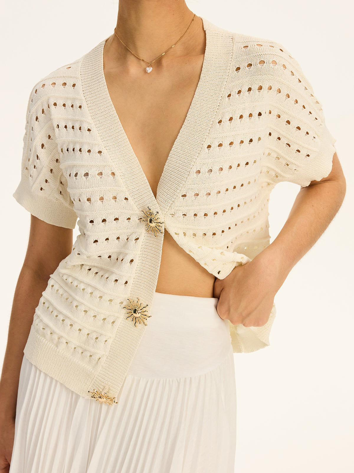 Eyelet Knit Metal Button V-Neck Cardigan-Chicvia