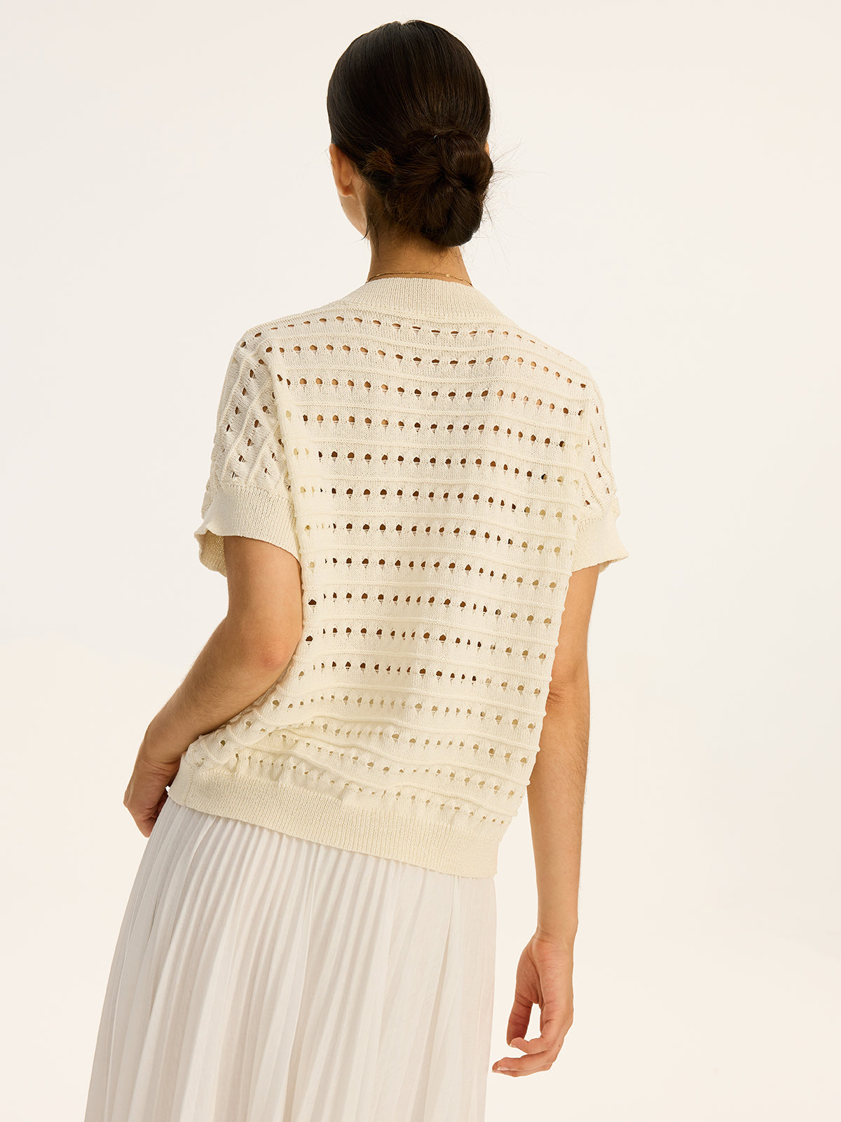 Eyelet Knit Metal Button V-Neck Cardigan-Chicvia