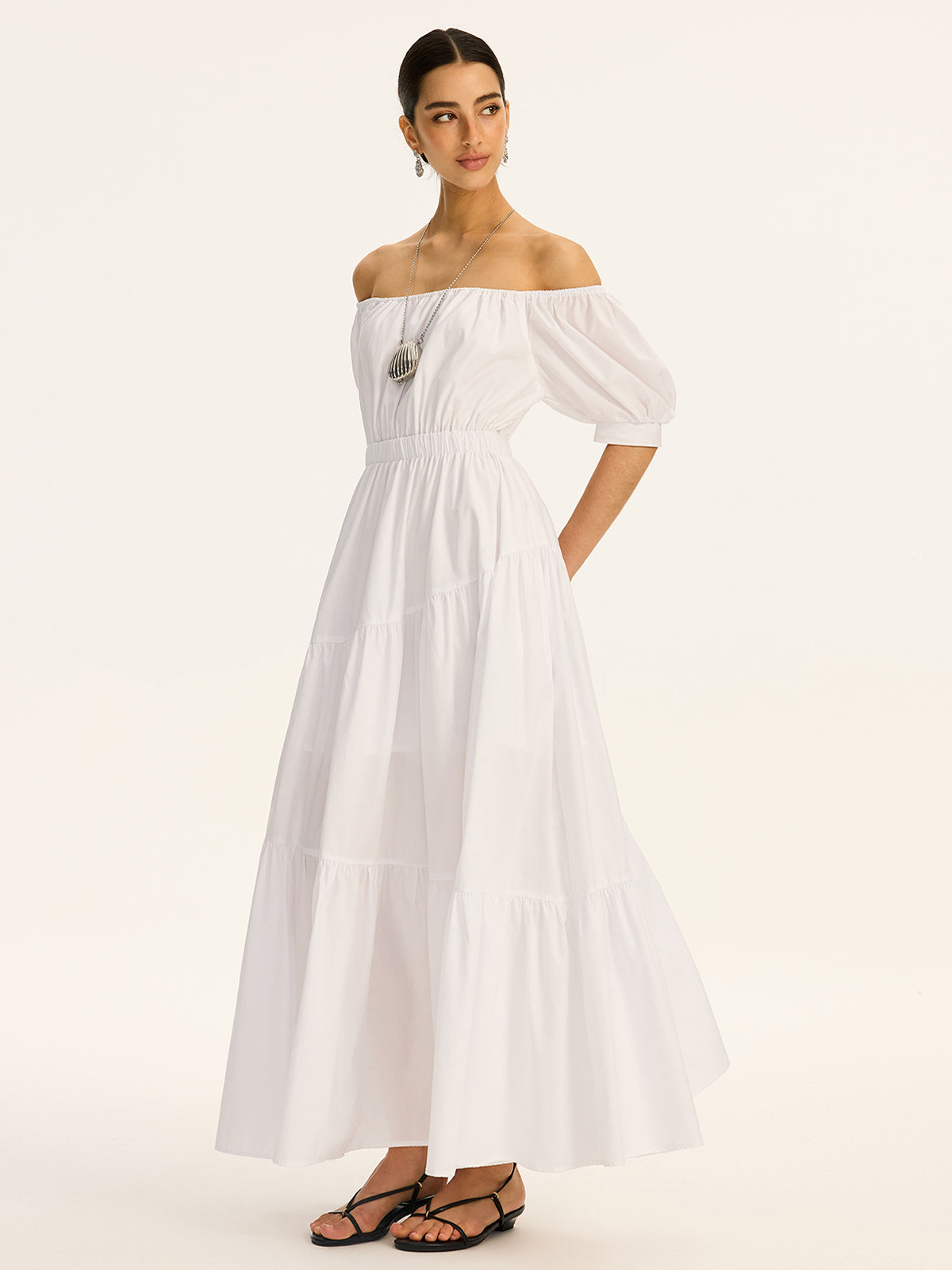 Cotton Off-Shoulder Short-Sleeve Maxi Dress-Chicvia