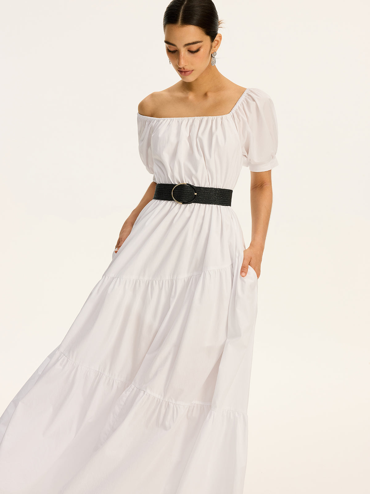 Cotton Off-Shoulder Short-Sleeve Maxi Dress-Chicvia