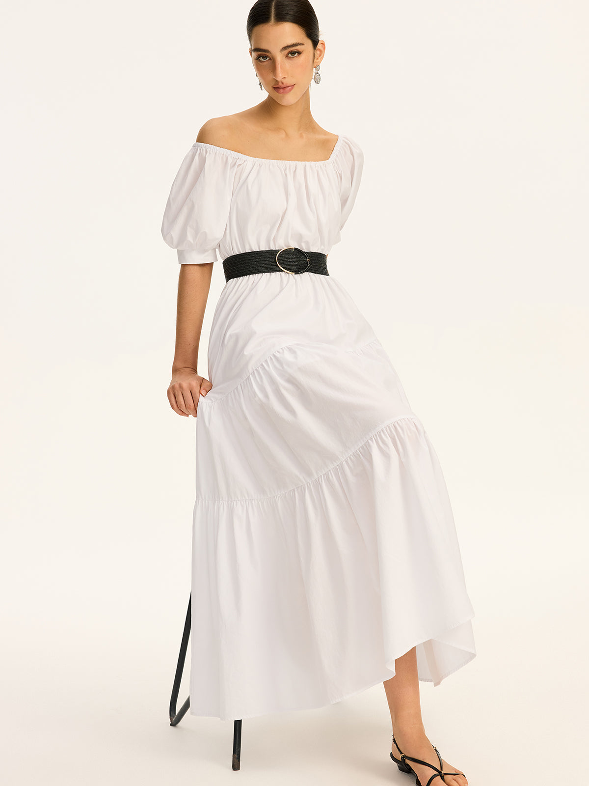 Cotton Off-Shoulder Short-Sleeve Maxi Dress-Chicvia