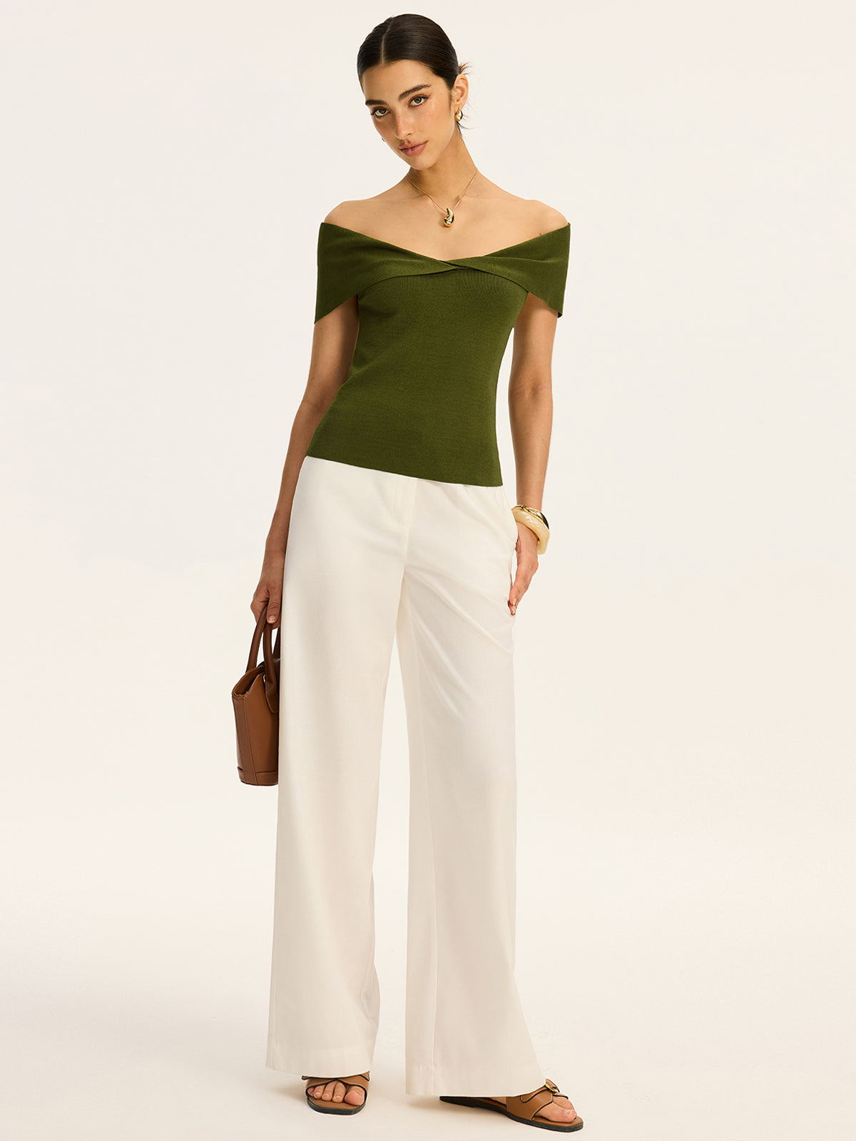 Off-Shoulder Twist-Front Knit Top-Chicvia