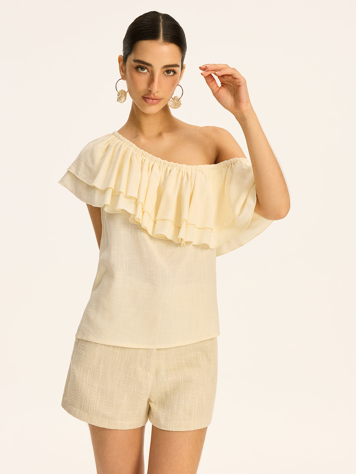 Cotton & Linen One-Shoulder Ruffled Top-Chicvia