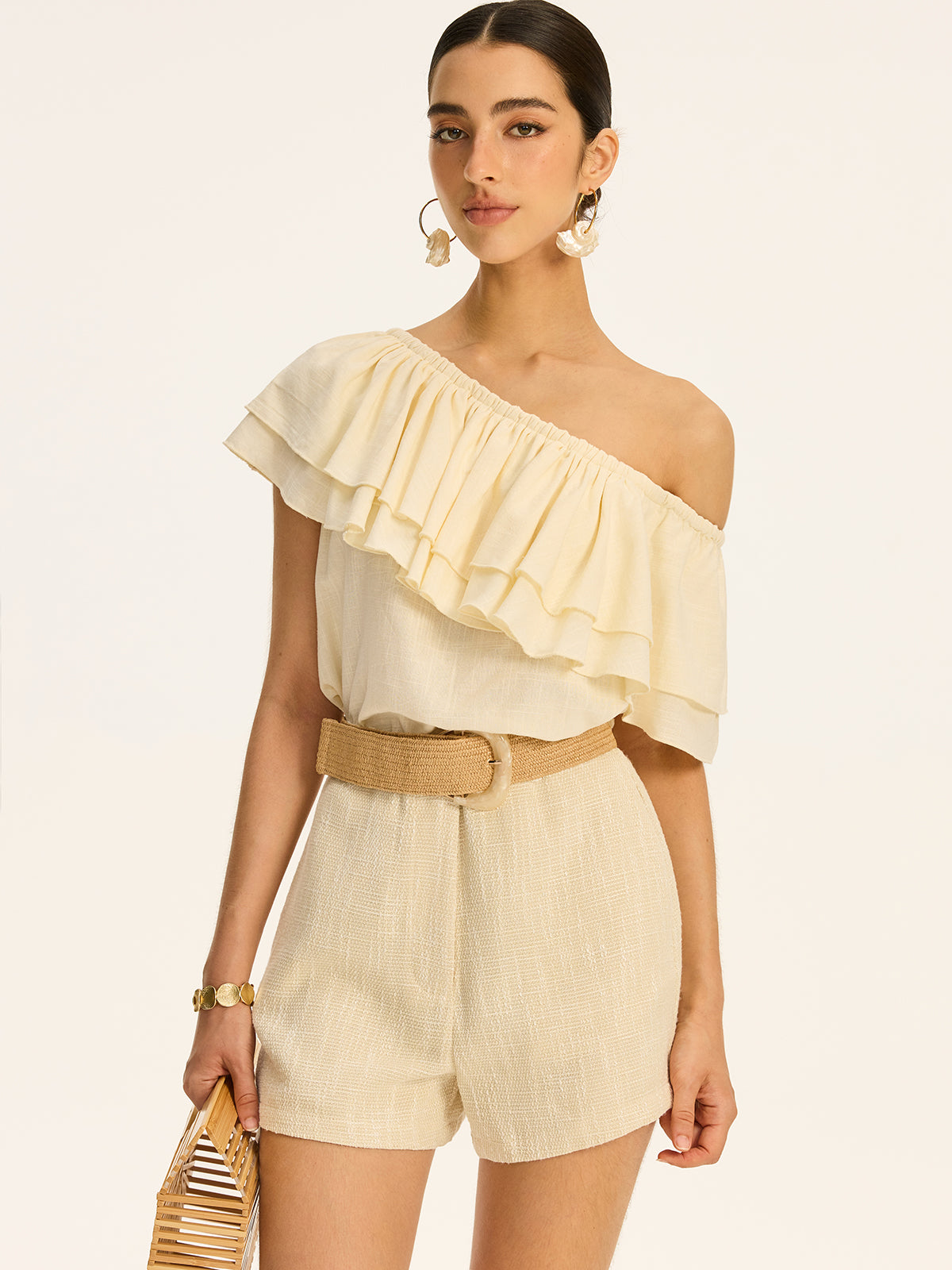 Cotton & Linen One-Shoulder Ruffled Top-Chicvia