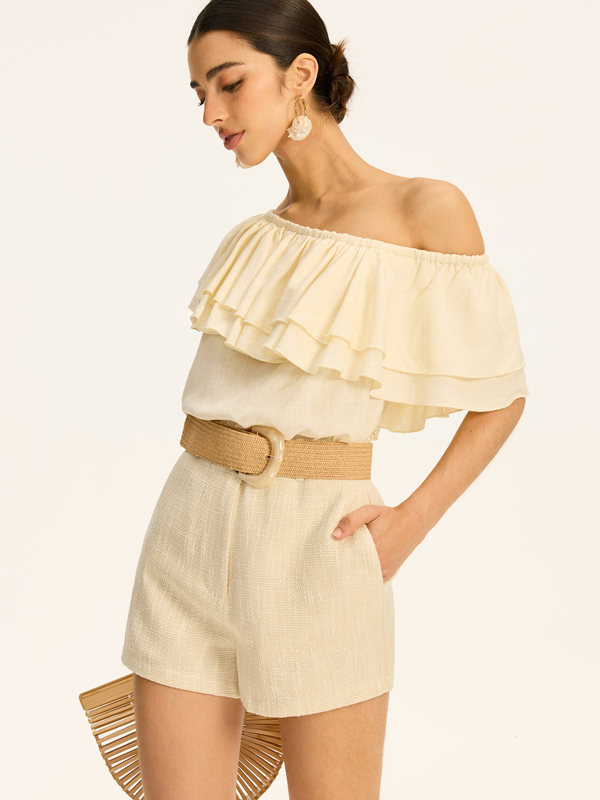 Cotton & Linen One-Shoulder Ruffled Top-Chicvia