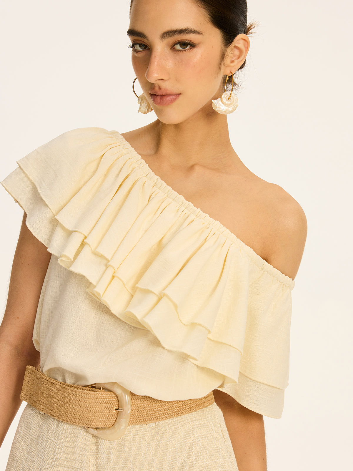 Cotton & Linen One-Shoulder Ruffled Top-Chicvia