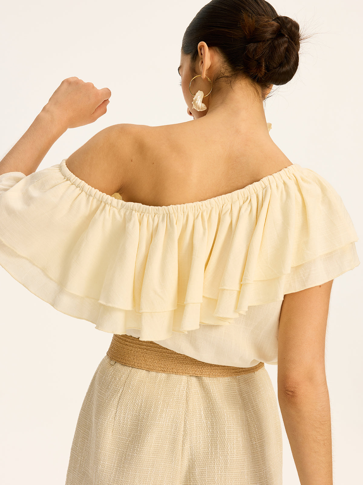 Cotton & Linen One-Shoulder Ruffled Top-Chicvia