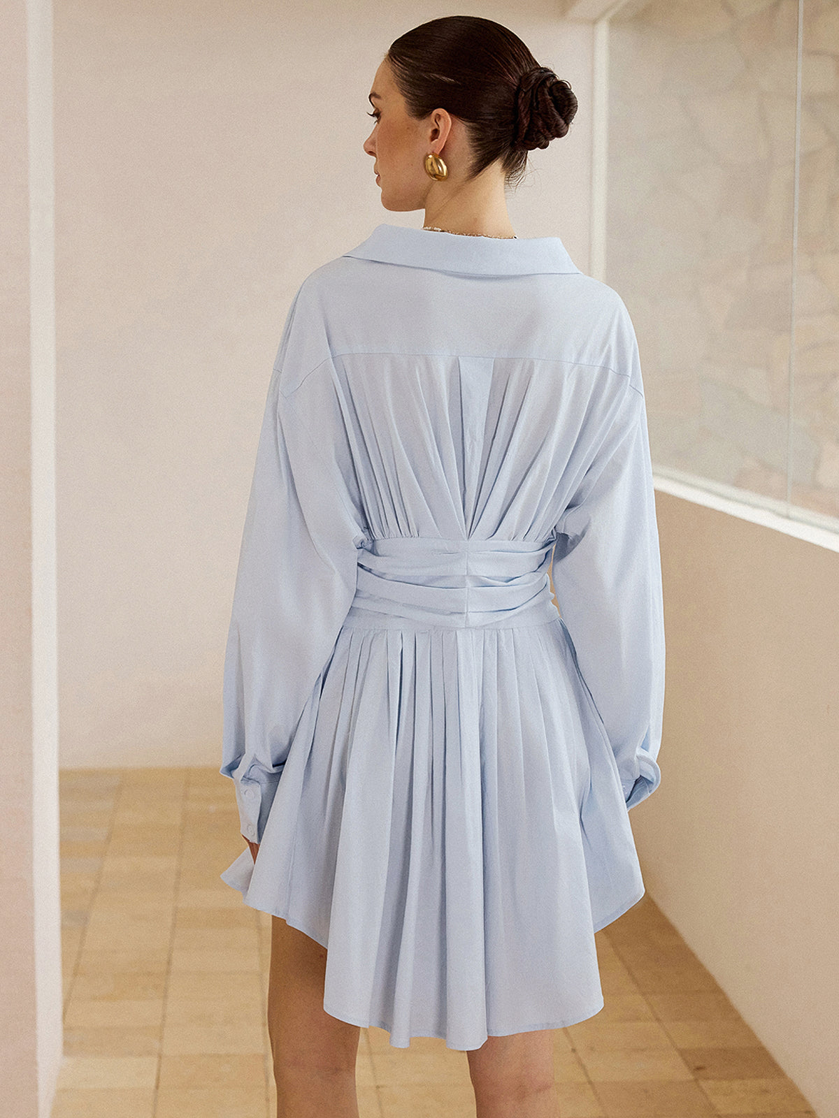 Pleated Shirt Mini Dress-Chicvia