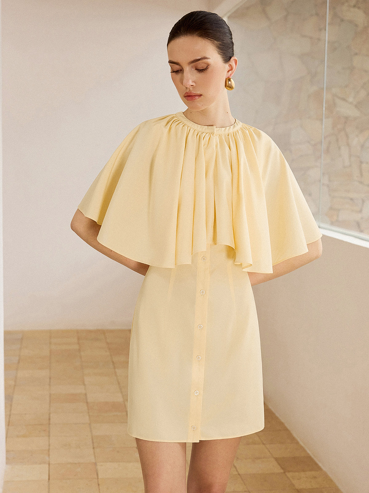 Cape-Sleeve Button-Front Mini Dress-Chicvia