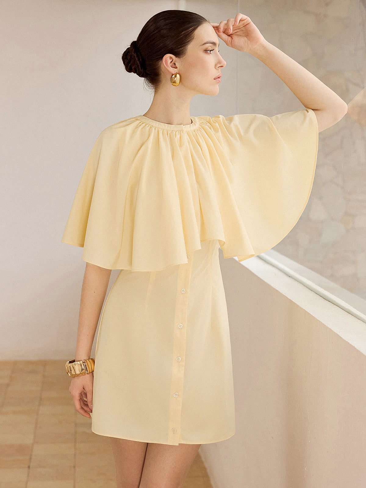 Cape-Sleeve Button-Front Mini Dress-Chicvia