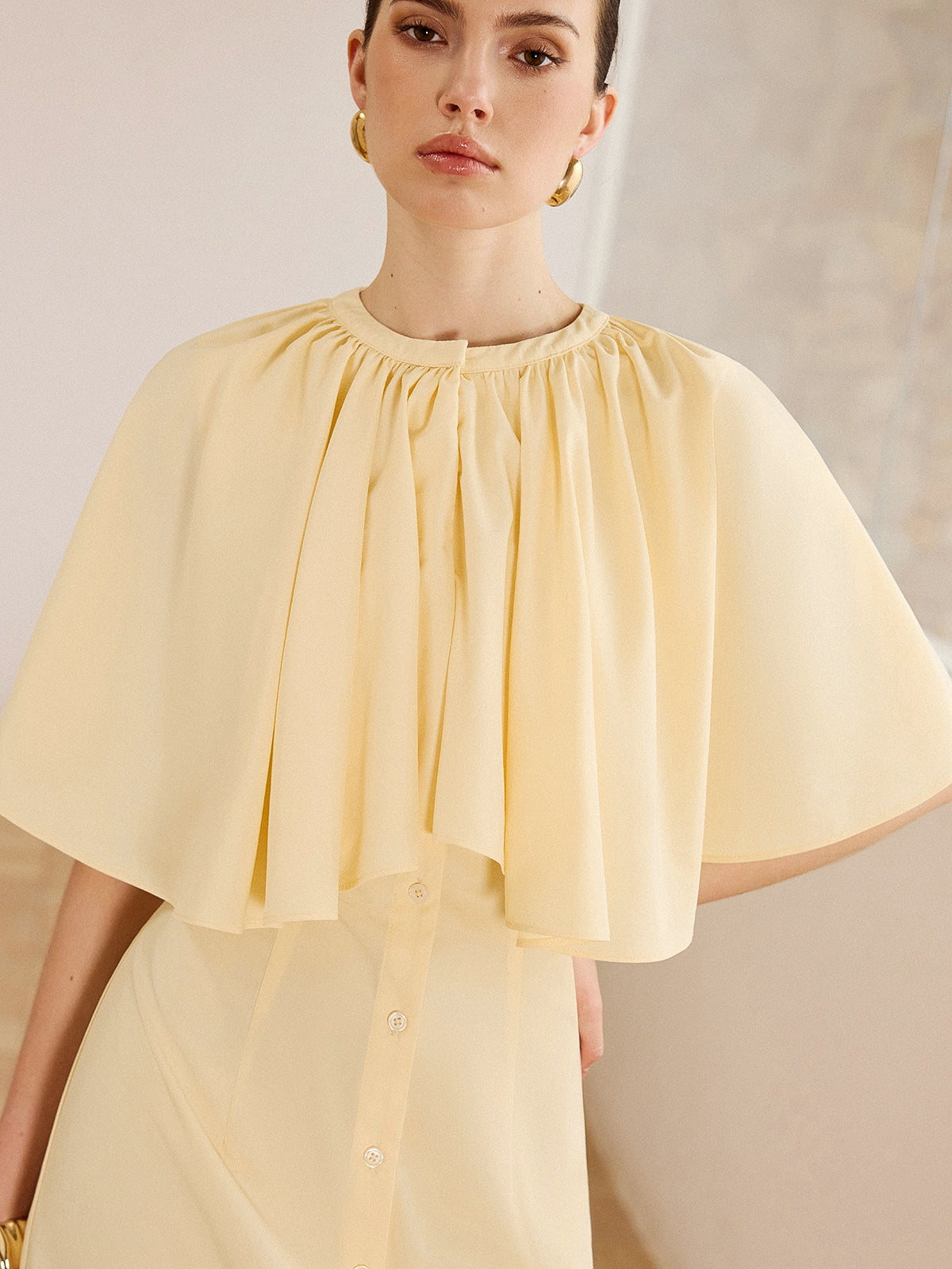 Cape-Sleeve Button-Front Mini Dress-Chicvia