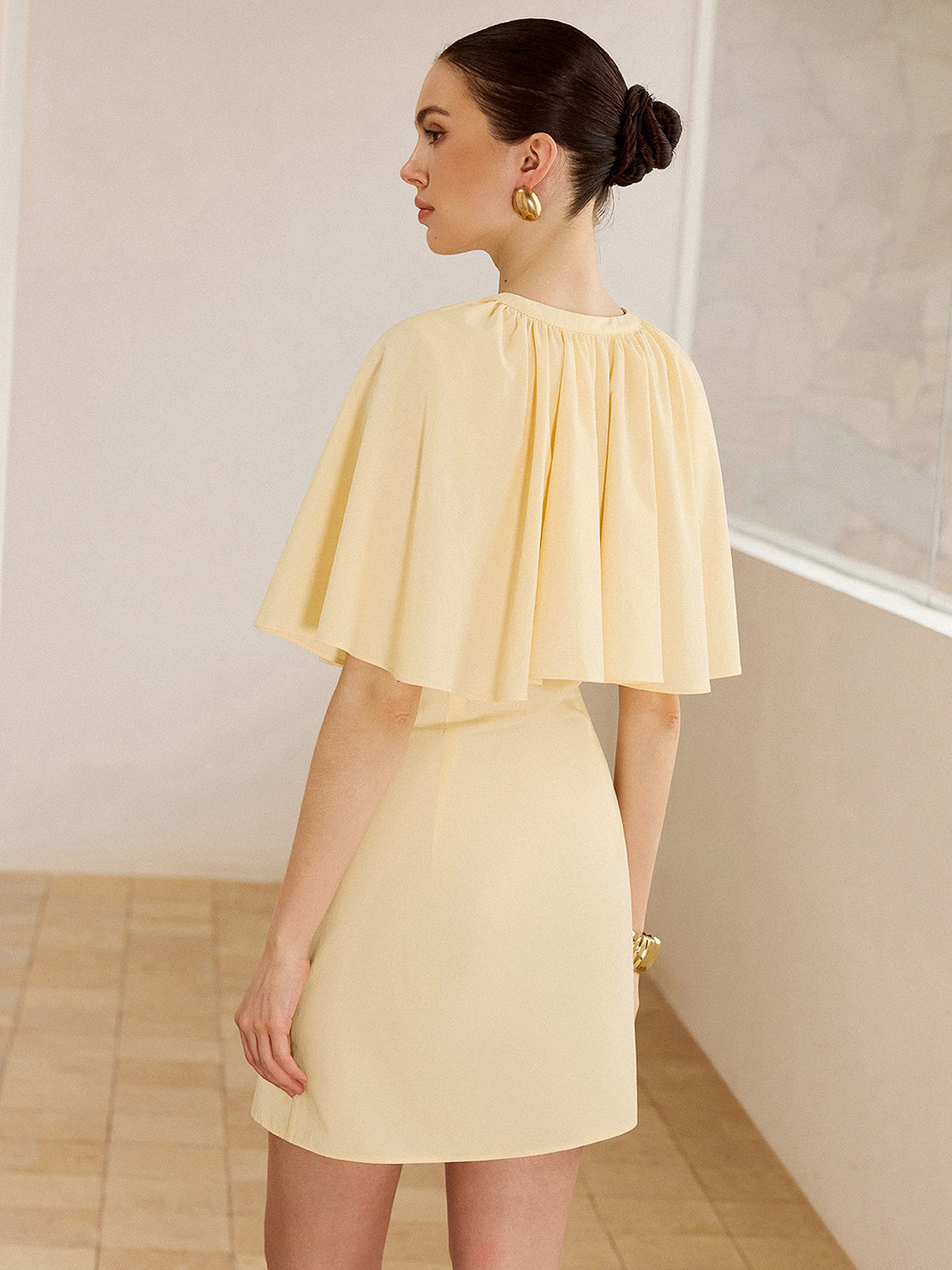 Cape-Sleeve Button-Front Mini Dress-Chicvia